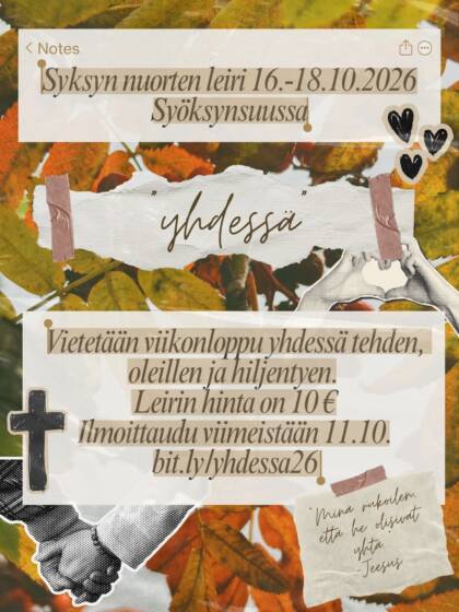 mainos nuorten leiristä, syksyisiä lehtiä ja teksstiä